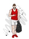 A handsome guy in shorts and a T-shirt. A sporty man in summer clothes. Vector illustration for a postcard or a poster.