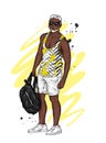 A handsome guy in shorts and a T-shirt. A sporty man in summer clothes. Vector illustration for a postcard or a poster.