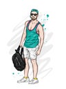 A handsome guy in shorts and a T-shirt. A sporty man in summer clothes. Vector illustration for a postcard or a poster.