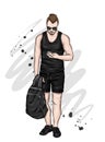 A handsome guy in shorts and a T-shirt. A sporty man in summer clothes. Vector illustration for a postcard or a poster.