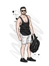 A handsome guy in shorts and a T-shirt. A sporty man in summer clothes. Vector illustration for a postcard or a poster.