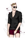 Handsome guy in stylish clothes and a crown. Fashion and style, accessories. Vector illustration.