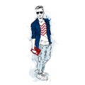 Handsome guy in stylish clothes. Hipster. Vector illustration for a card or poster.