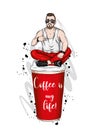 Handsome guy in stylish clothes. Hipster. Vector illustration. A large glass of coffee. Vector illustration.