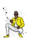 Handsome guy in stylish clothes. Hipster. Vector illustration. Leather jacket, jeans and sunglasses. A man in fashionable clothes.