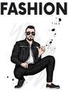 Handsome guy in stylish clothes. Hipster. Vector illustration. Leather jacket, jeans and sunglasses. A man in fashionable clothes.