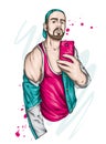 Handsome guy in a t-shirt, jacket and cap takes a selfie. A man and a smartphone. Vector illustration for a card or poster, print