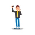 Handsome guy taking selfie with his cell phone. Young man winking eye and showing thumb up. Colorful flat vector design Royalty Free Stock Photo