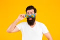 Handsome guy wear sunglasses. Hipster bearded man in trendy sunglasses. Perfect vision. Eyes health. Fashionable Royalty Free Stock Photo