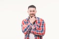 Handsome happy beard young man smiling and holding his chin, guy wearing red shirt, isolated on white background