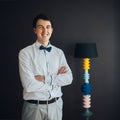 Handsome happy groom before wedding, preparing for wedding