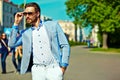 Handsome hipster man in suit in the street Royalty Free Stock Photo