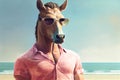 Handsome horse at the beach ocean view. Funny Summer vacation, holidays concept. Generative AI. Royalty Free Stock Photo