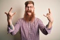 Handsome Irish redhead business man with beard wearing glasses over isolated background shouting with crazy expression doing rock Royalty Free Stock Photo