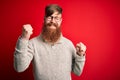 Handsome Irish redhead man with beard wearing casual sweater and glasses over red background very happy and excited doing winner Royalty Free Stock Photo