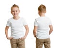 Handsome kid boy model in white t-shirt or tshirt back and front Royalty Free Stock Photo