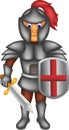 Handsome knight cartoon standing bring sword with laughing