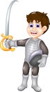 Handsome knight cartoon standing bring sword with smile and waving