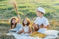 Handsome little boy play ukulele sitting on blanket on field, girl hold bunch of dry grass. Children resting on grass. Royalty Free Stock Photo