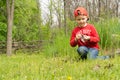 Handsome little boy trying to light a campfire