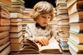 Handsome little child flips through the book pages in library. Elementary school boy enjoying reading in bookshop or Royalty Free Stock Photo