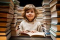 Handsome little child flips through book pages in library. Elementary school boy Royalty Free Stock Photo