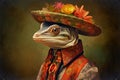 handsome lizard, dressed in flowered clothes