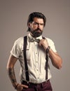 Handsome macho. formal party dress code. old fashioned bearded hipster. hairdresser concept. brutal handsome man with