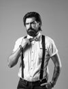 Handsome macho. formal party dress code. old fashioned bearded hipster. hairdresser concept. brutal handsome man with Royalty Free Stock Photo