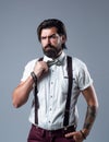 Handsome macho. formal party dress code. old fashioned bearded hipster. hairdresser concept. brutal handsome man with Royalty Free Stock Photo