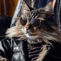 Handsome macho Maine coon cat sits under a cafe and relaxes during a summer sunny day