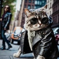 Handsome macho tomcat dressed in a stylish classic men`s black leather jacket and black fancy sunglasses