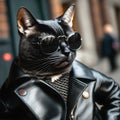 Handsome macho tomcat dressed in a stylish classic men`s black leather jacket and black fancy sunglasses