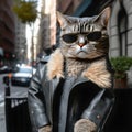 Handsome macho tomcat dressed in a stylish classic men`s black leather jacket and black fancy sunglasses