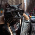 Handsome macho tomcat dressed in a stylish classic men`s black leather jacket and black fancy sunglasses