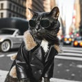 Handsome macho tomcat dressed in a stylish classic men`s black leather jacket and black fancy sunglasses