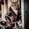 Handsome macho tomcat dressed in a stylish classic men`s brown motorcycle leather jacket