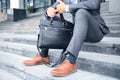 Handsome male business executive sitting on stairs outside a building. Royalty Free Stock Photo