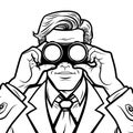 Handsome male businessman in a suit looks out through binoculars for competitors and new horizons, vector illustration