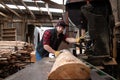 Handsome male lumberjack mills wood with band saw