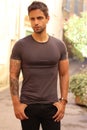 handsome male model wearing gray t-shirt