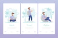 Handsome male work,travel and relax. Backgrounds template for mobile app. Freelancer male in different scenes