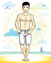 Handsome man adult standing on tropical beach in bright shorts.