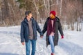 Handsome man and attractive young woman walking along snowy country road in sunny day. Beautiful look, male and female fashion,