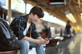 Handsome man backpacker using mobile phone at railway platform. Travel and vacations concept Royalty Free Stock Photo