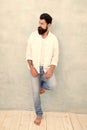 handsome man with beard. sexy model posing. bearded man wear white shirt. male casual fashion. summer collection. male Royalty Free Stock Photo