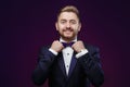 Handsome man with beard in tuxedo and bow tie looking at camera. Royalty Free Stock Photo