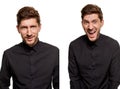 Handsome man in a black shirt makes faces, standing against a white background Royalty Free Stock Photo