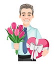 Handsome man with a bouquet of tulips