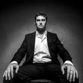 Handsome man in a business suit sitting on a chair, black and white portrait, low angle shot Royalty Free Stock Photo